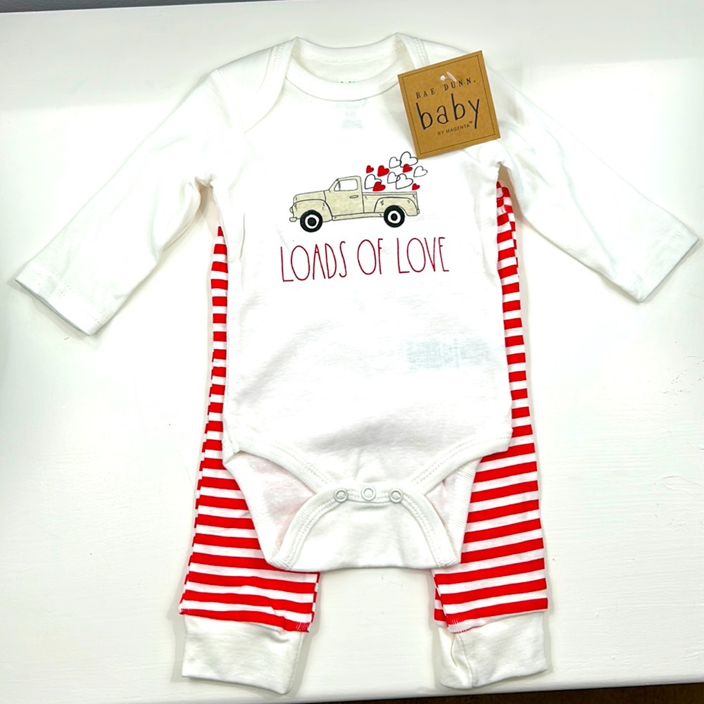 Rae Dunn baby with hearts outfit perfect for your little valentine.